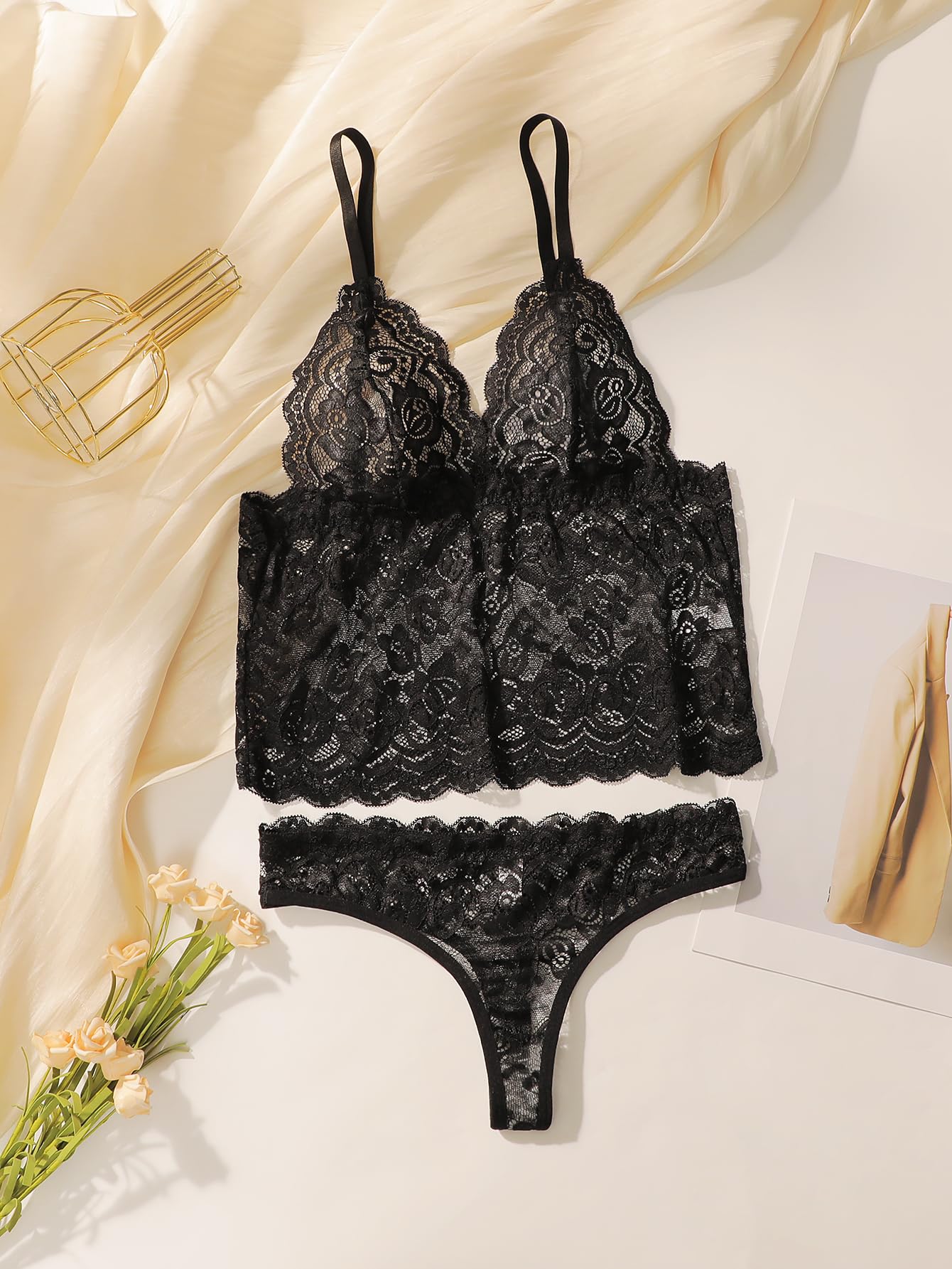 Viomisha women's lace bra and thong underwear, see through lace bra set, transparent floral lace pajama underwear set.