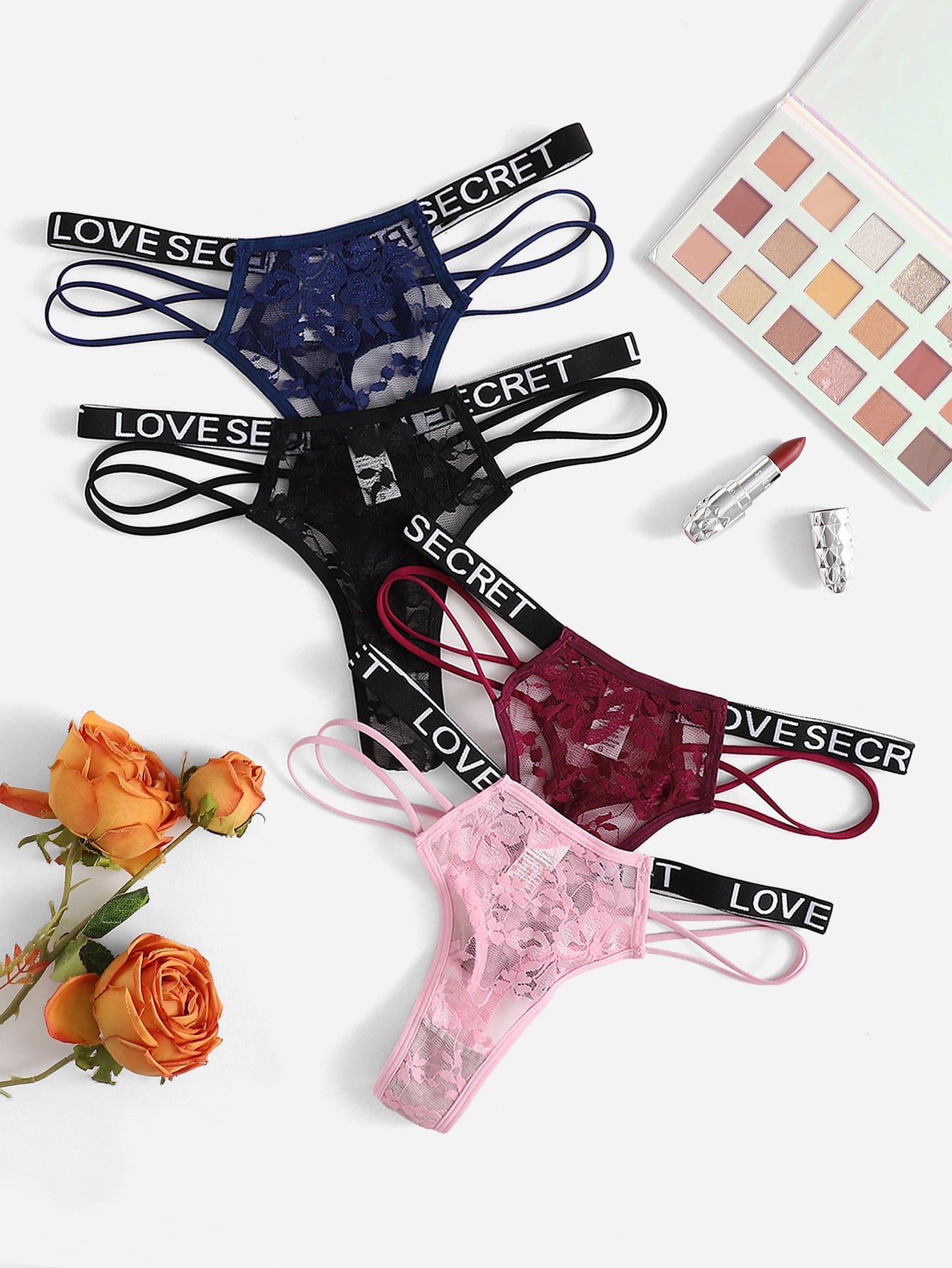 4pack Floral Lace Letter Tape Panty Lingerie