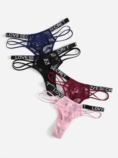 4pack Floral Lace Letter Tape Panty Lingerie