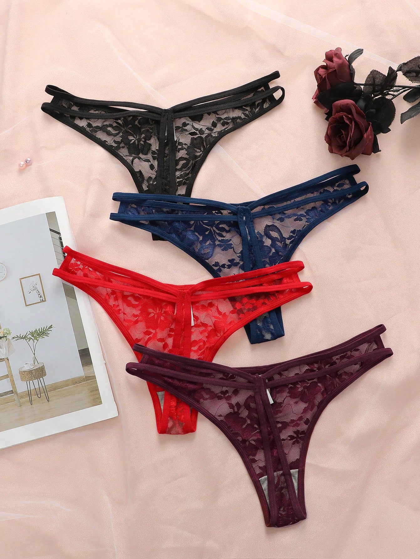 4pcs Perspective Lace Thong Lingerie