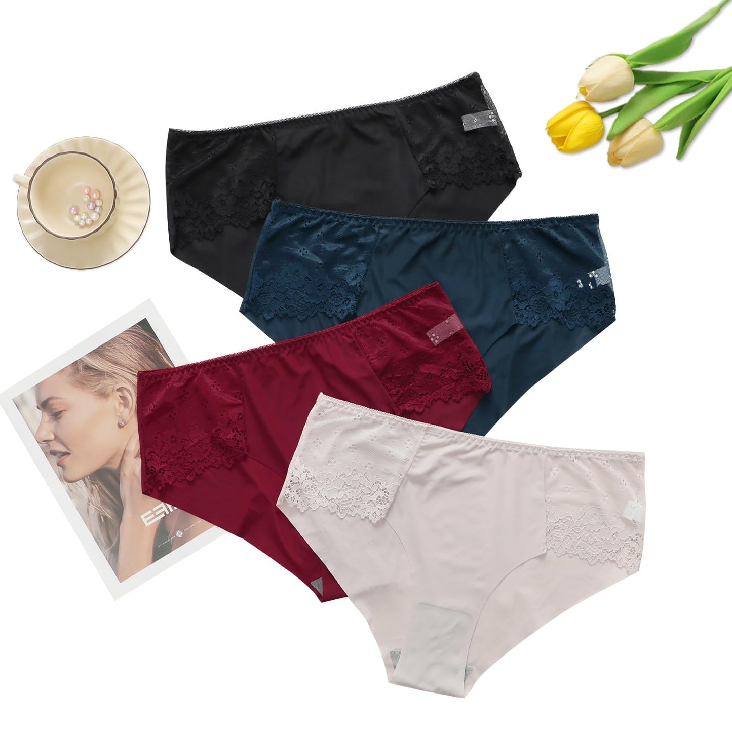 Viomisha Womens Underwear Sexy Lace Panties Low Rise Cheeky Ladies Stretch Full Briefs Soft Hipster Underpants 4 Pack