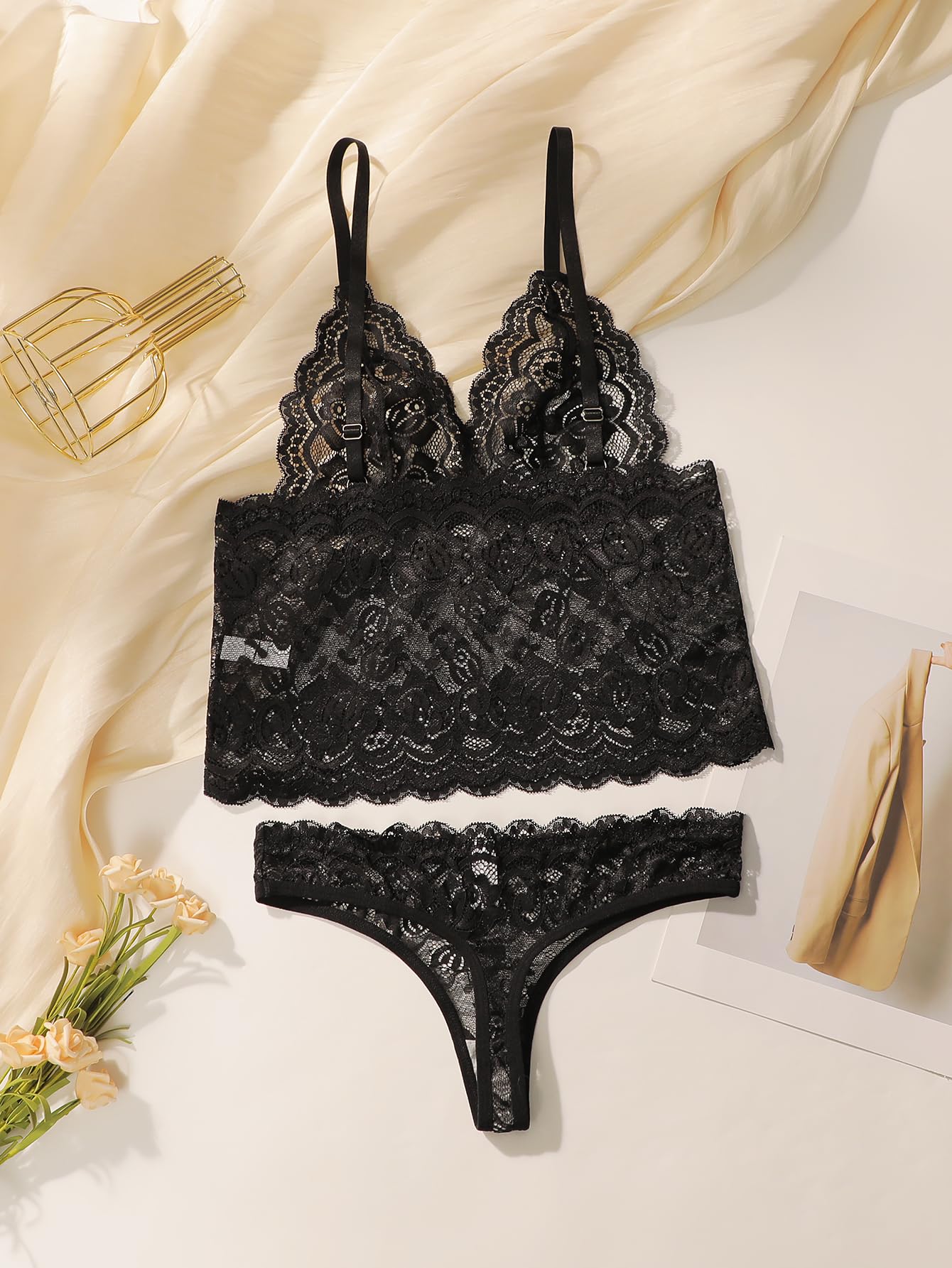 Viomisha women's lace bra and thong underwear, see through lace bra set, transparent floral lace pajama underwear set.