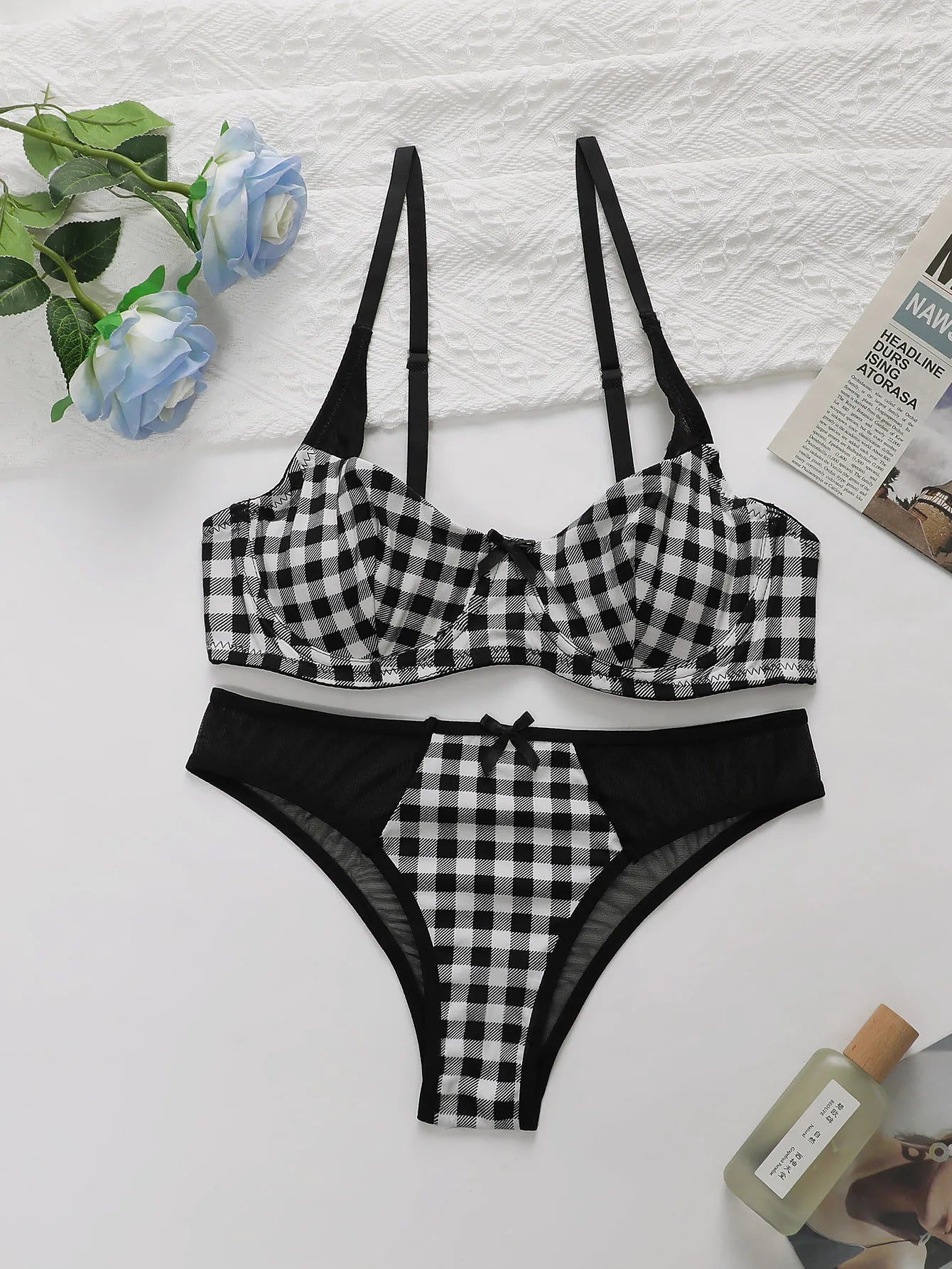 Black&White Plaid Underwire Lingerie Set